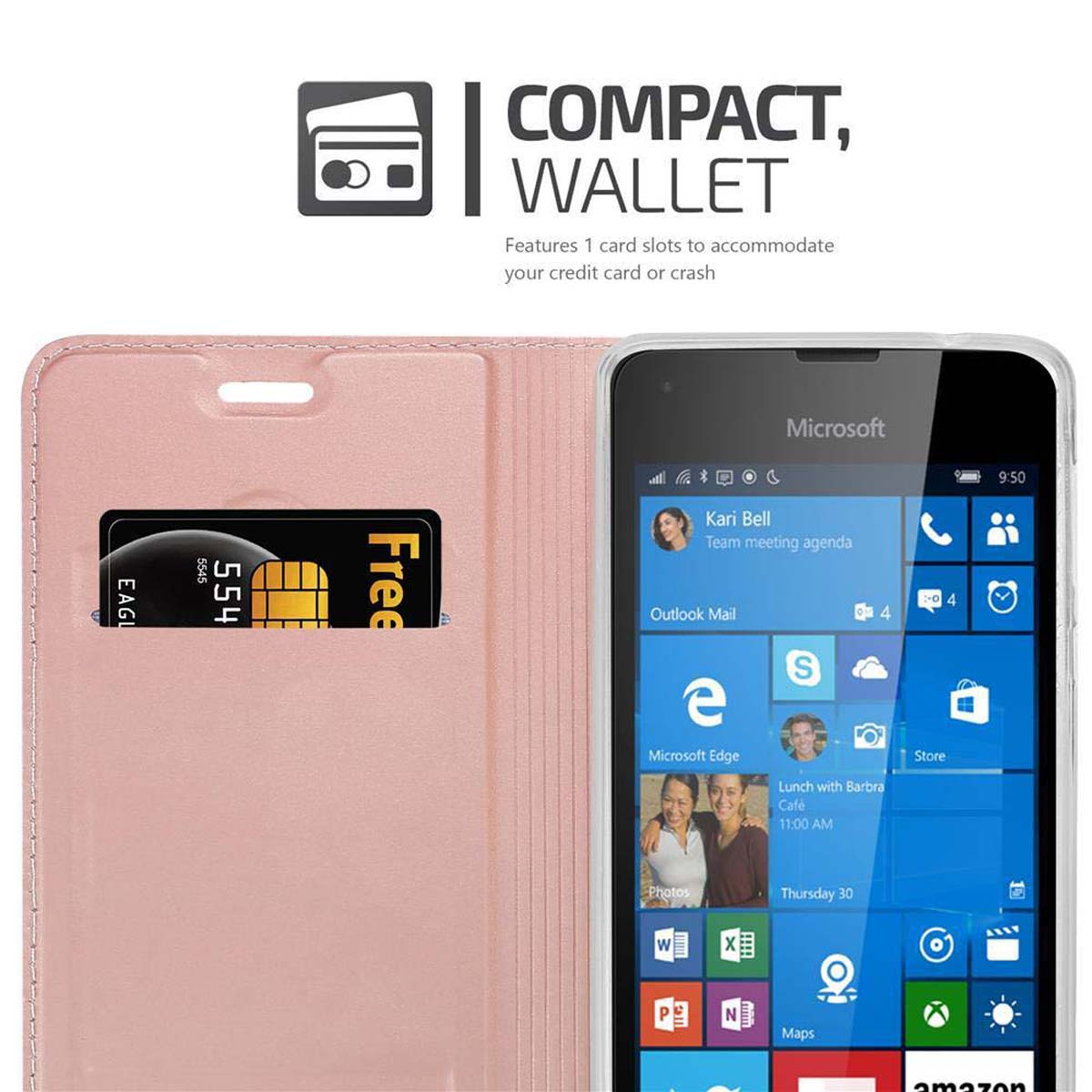 Custodia per telefono rosa, con slot per schede e un telefono con icone sullo schermo.