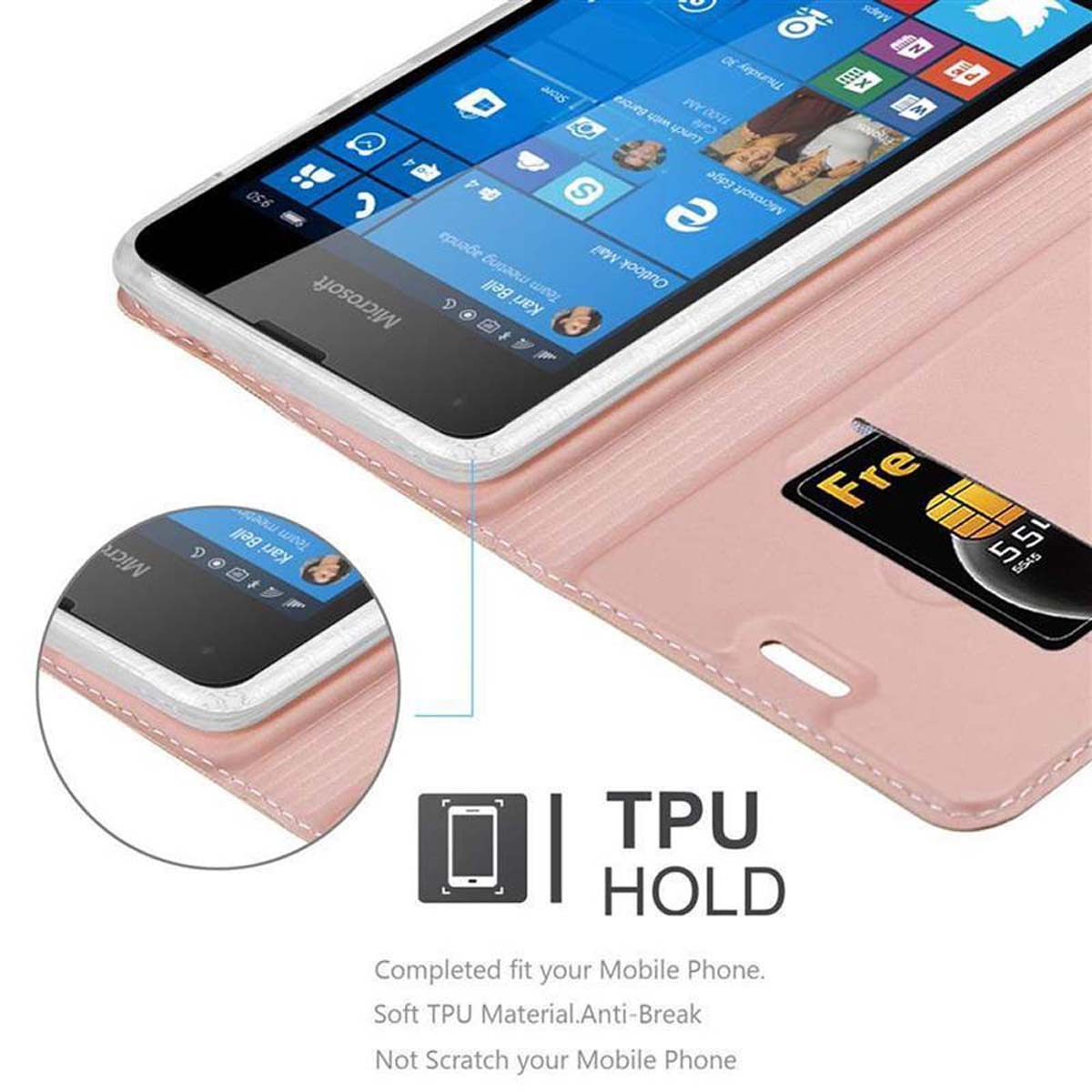 Telefono in custodia rosa, aperto. Lo schermo è acceso. Una SIM card è visibile. Testo: 'TPU HOLD'.