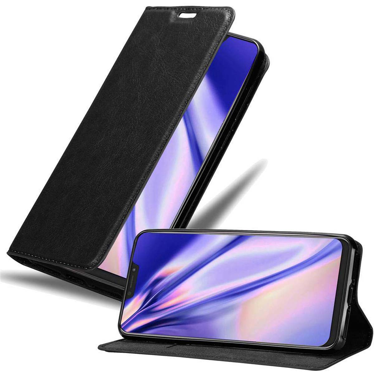 Funda negra para teléfono, abierta para mostrar el teléfono. Fondo blanco. El teléfono es negro.