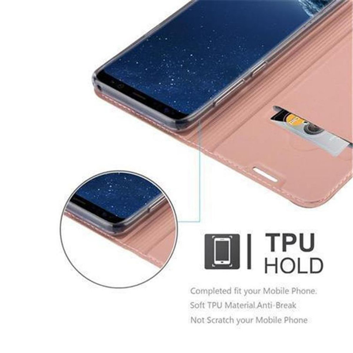 Custodia rosa per telefono con telefono e slot per schede. La custodia è aperta.