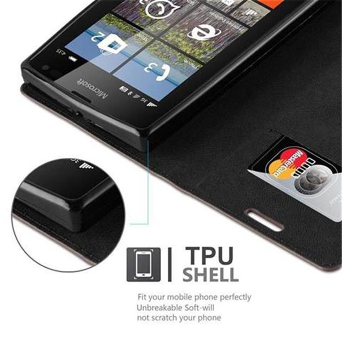 Telefono nero in una custodia, con slot per schede. Mostra Microsoft e lo schermo del telefono.