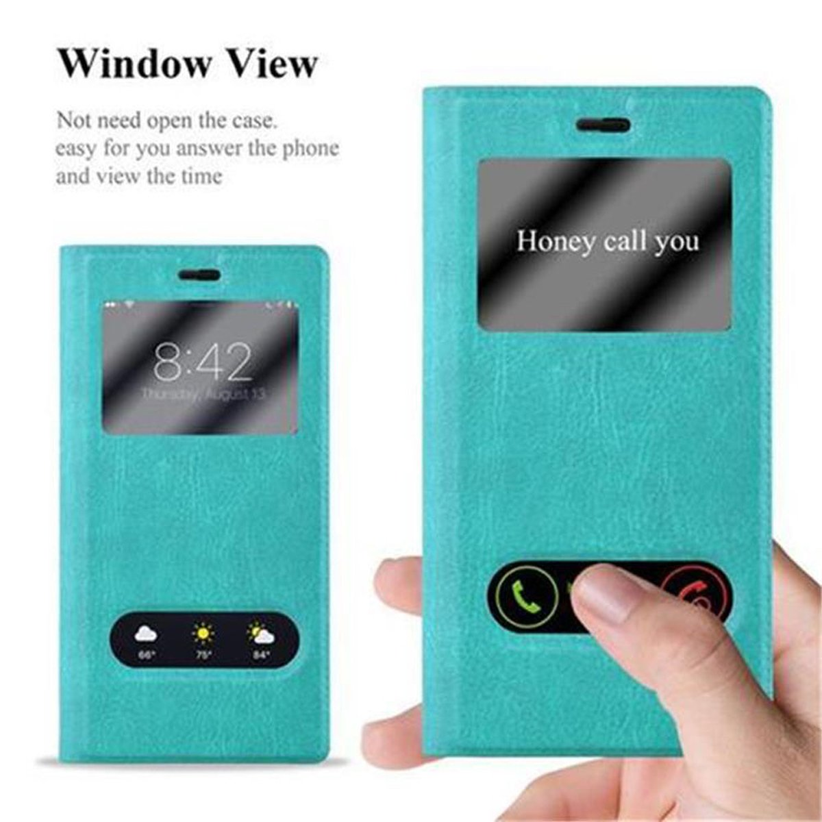 Due custodie verde acqua con finestre. Una custodia è aperta, mostrando lo schermo di un telefono con un invito di chiamata.
