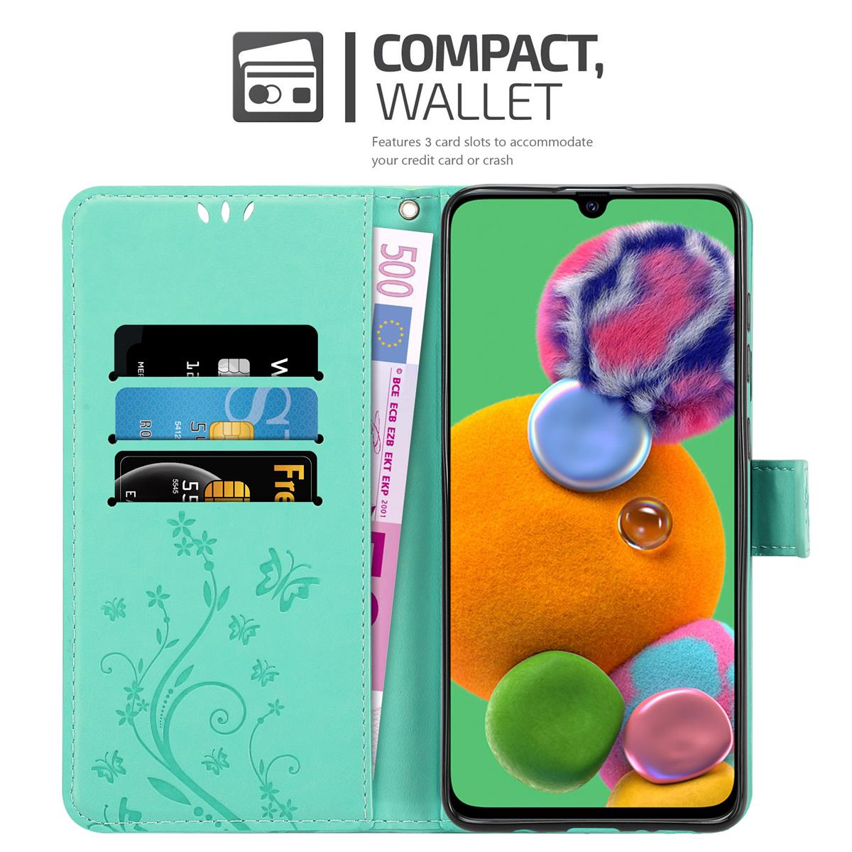 Custodia a portafoglio per telefono turchese aperta con carte, contanti e un telefono che mostra grafiche colorate.