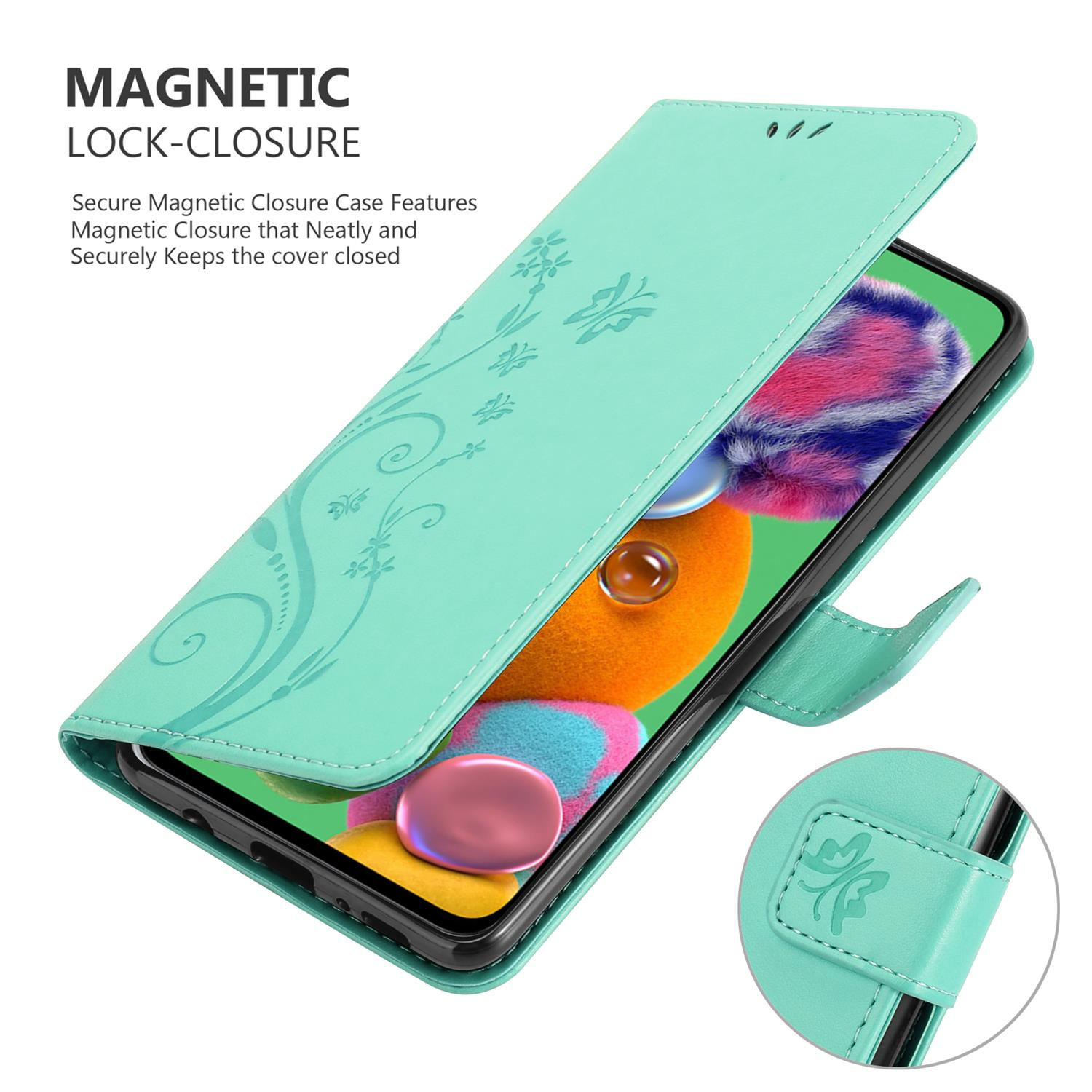 Una custodia per telefono verde menta con un design floreale. Il telefono è aperto, mostrando il suo schermo.