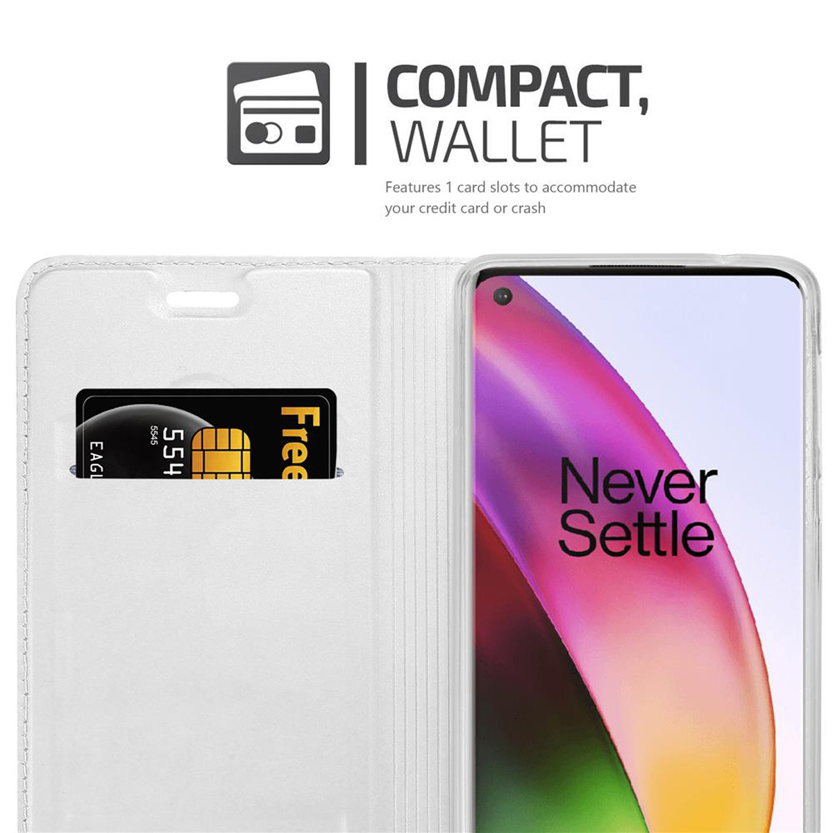 Custodia bianca con slot per carte e telefono. Testo: Portafoglio compatto, offre slot per carte.