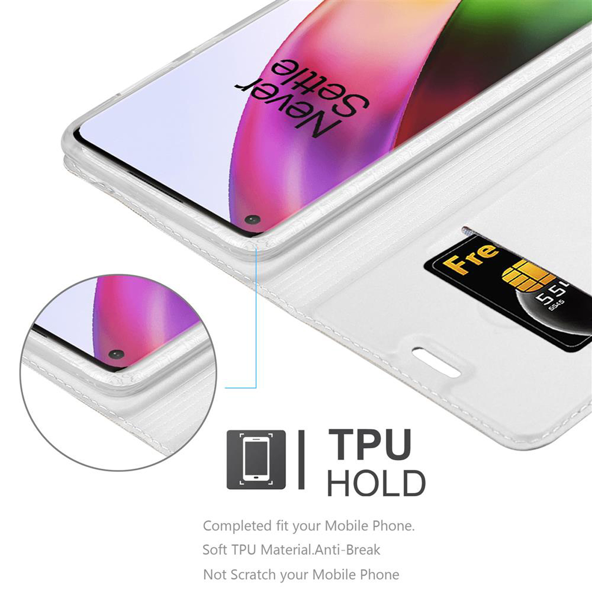 Custodia bianca per telefono con carta. Schermo del telefono visibile e un primo piano del telefono.
