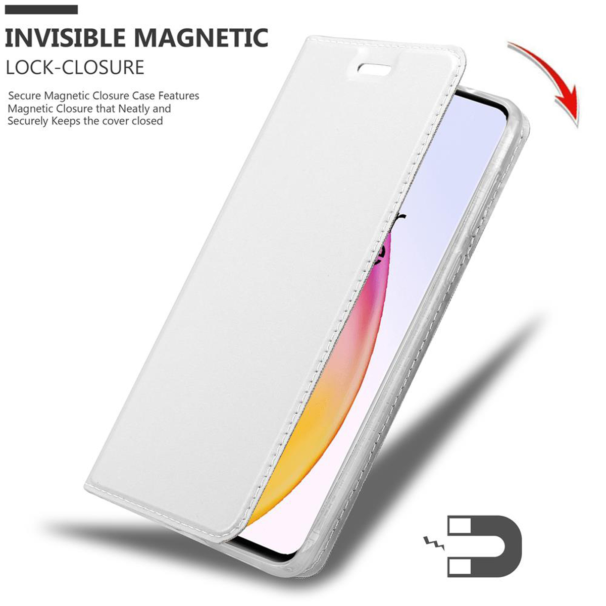 Custodia bianca con chiusura magnetica e telefono all'interno, la custodia è parzialmente aperta.
