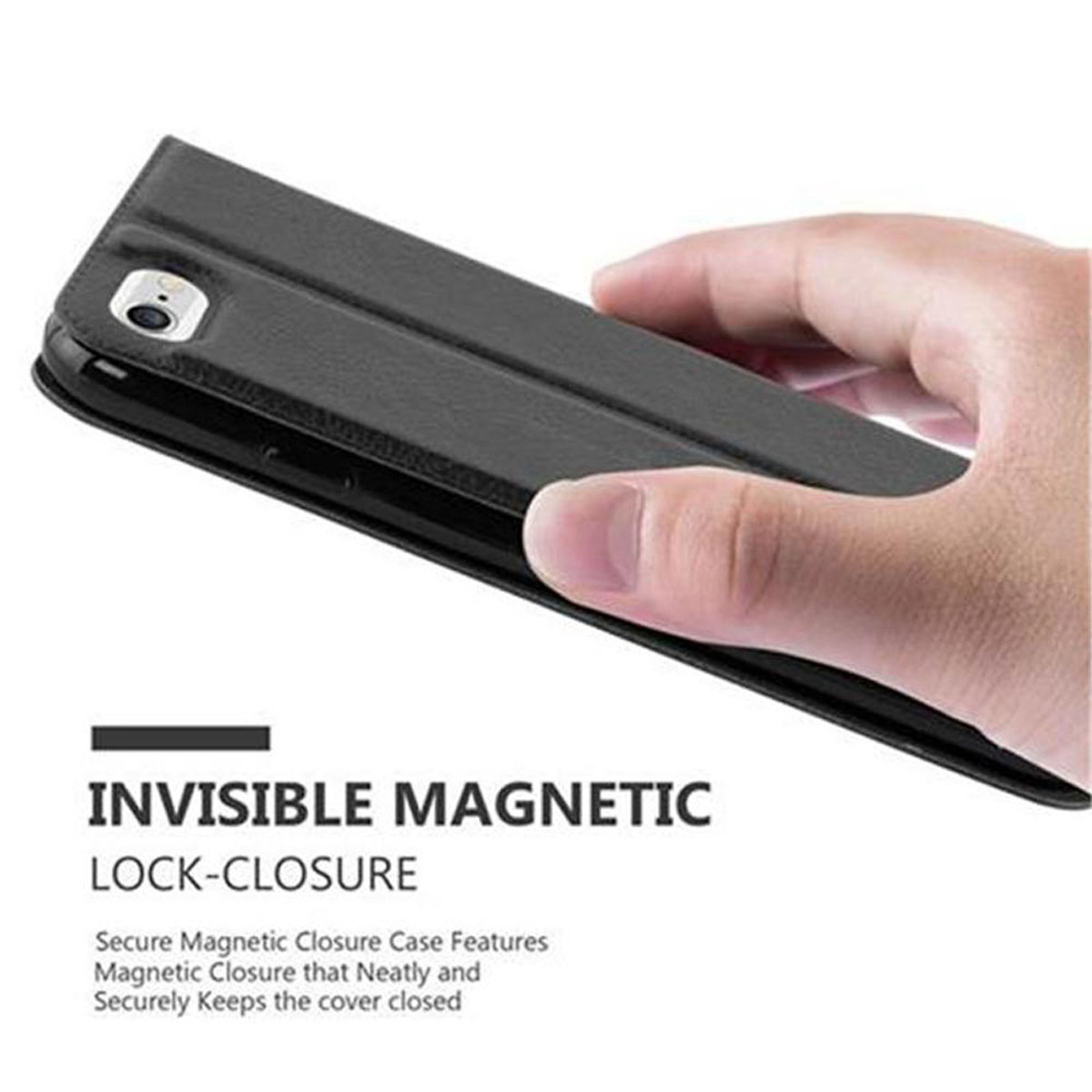 Custodia nera in mano. Testo: 'INVISIBLE MAGNETIC LOCK-CLOSURE'.