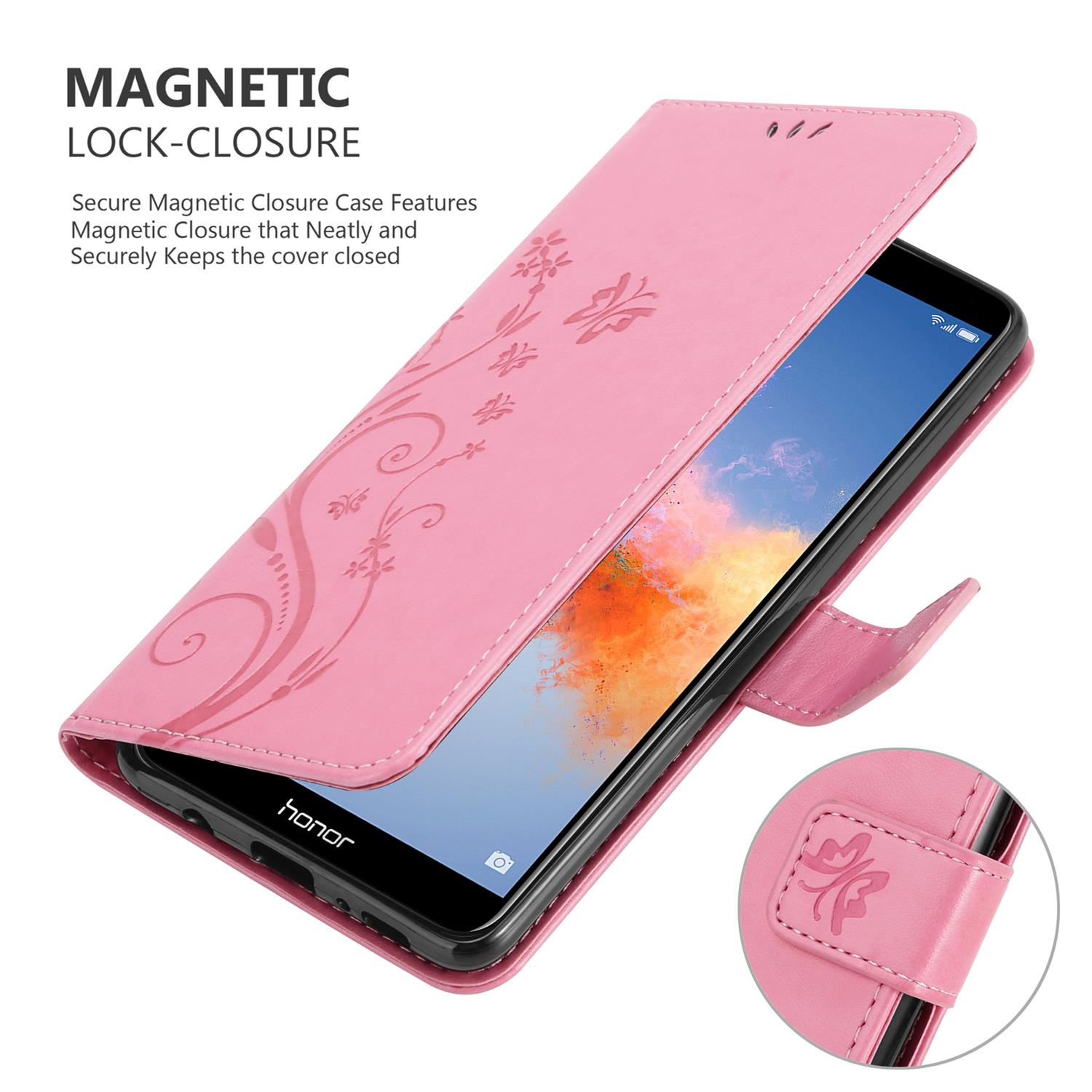 Custodia per telefono rosa, aperta con telefono. Design floreale.
