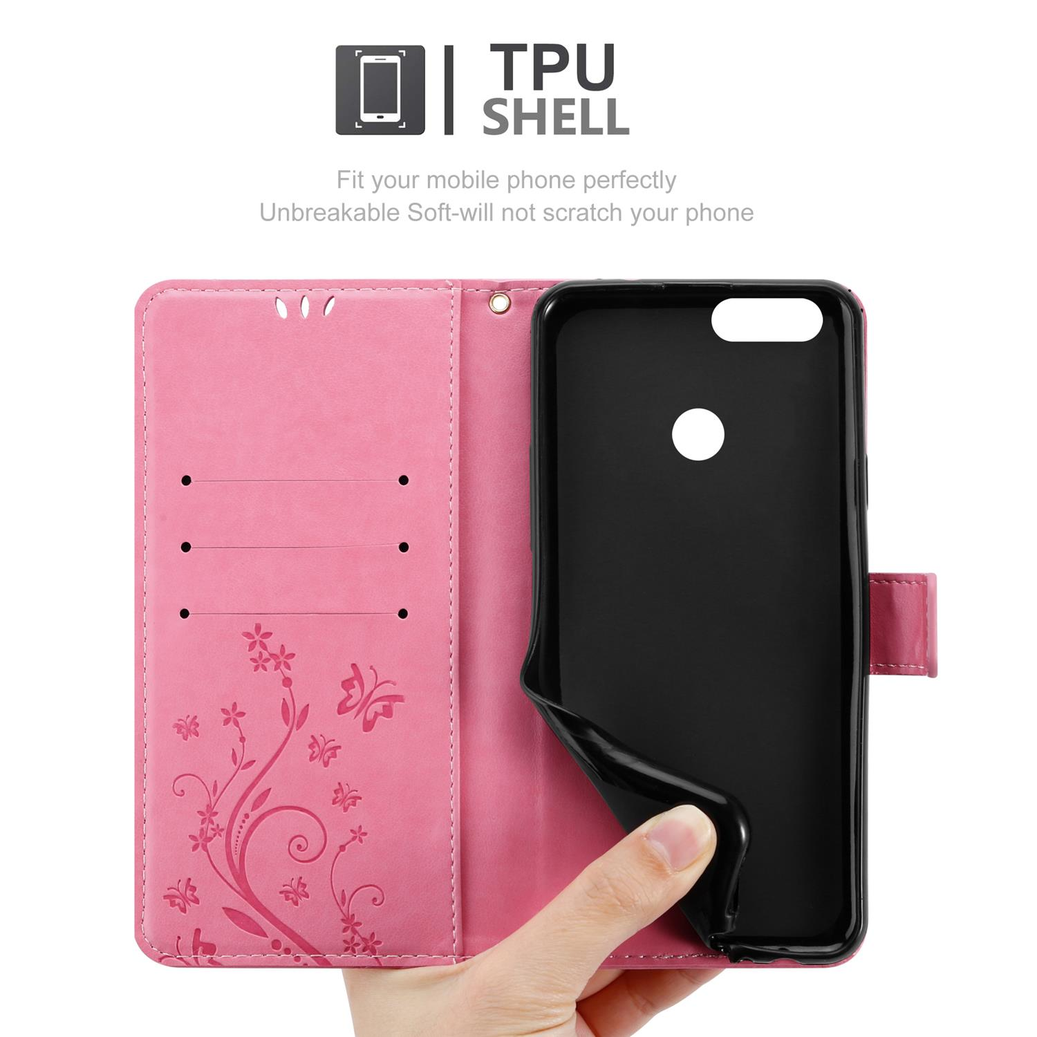 Custodia rosa per telefono aperta, telefono all'interno. Grafica guscio TPU. Mano che tiene la custodia.
