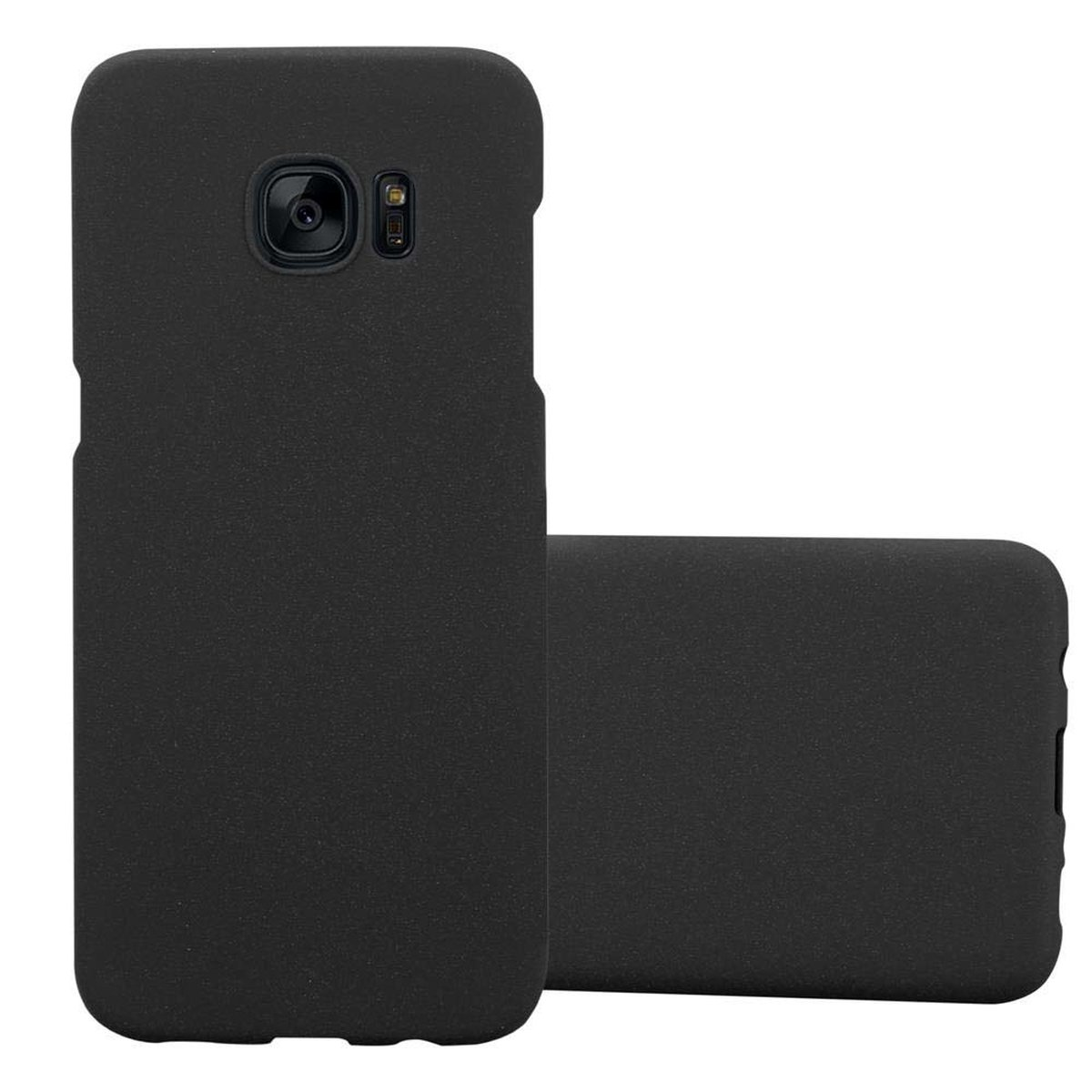 Funda de teléfono negra. Dos fundas visibles, una de pie, otra tumbada. Fondo blanco.