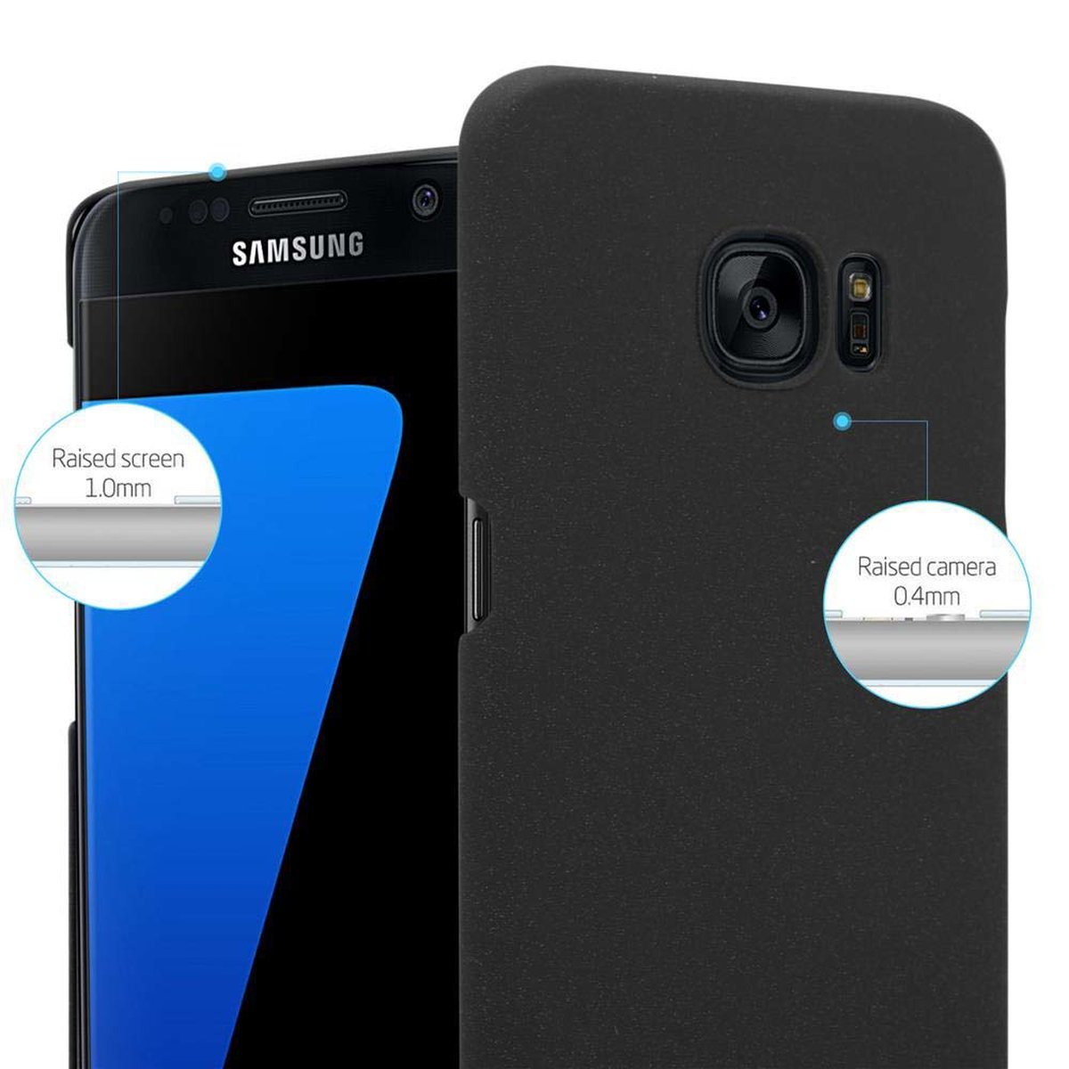 Funda negra para teléfono con logo Samsung. Características: pantalla y cámara elevadas.
