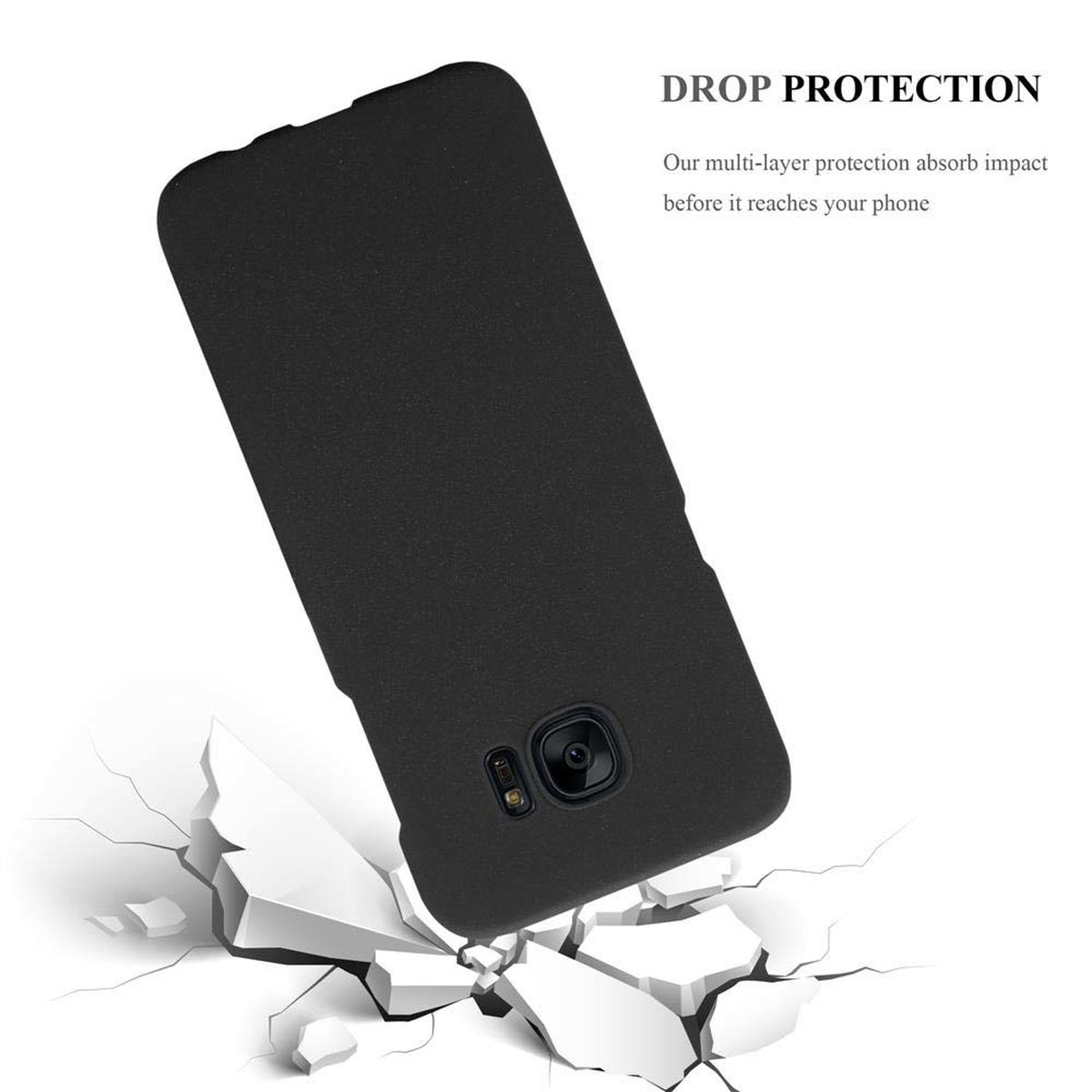 Funda negra con teléfono cayendo sobre superficie blanca agrietada. El teléfono está en la funda.