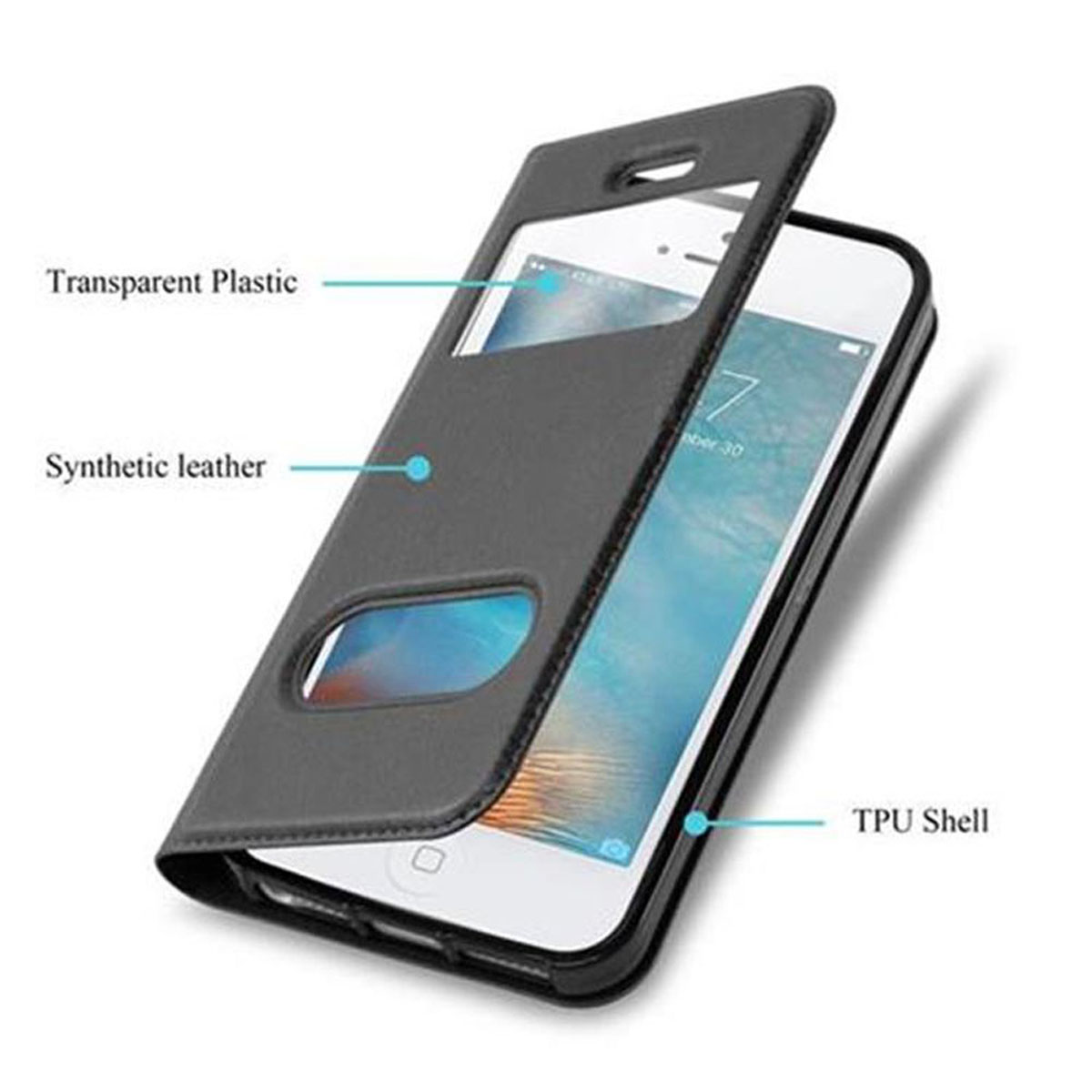Telefono nella custodia, che mostra plastica trasparente e pelle sintetica. Mostra la scocca in TPU.