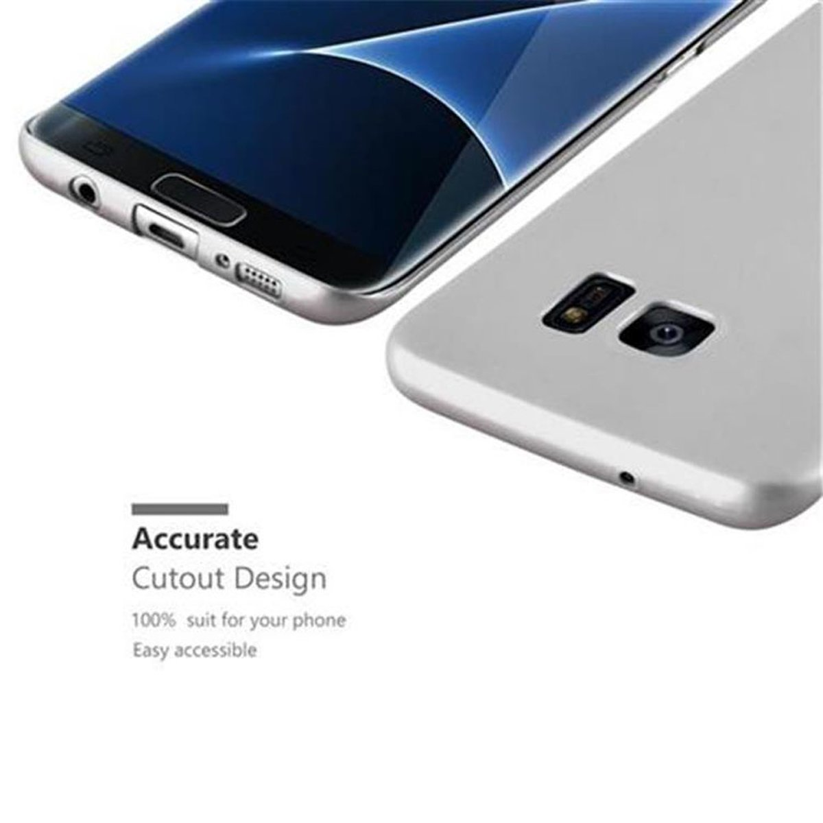 Due telefoni, uno argento e blu, con una custodia. Testo: Design di ritaglio accurato.