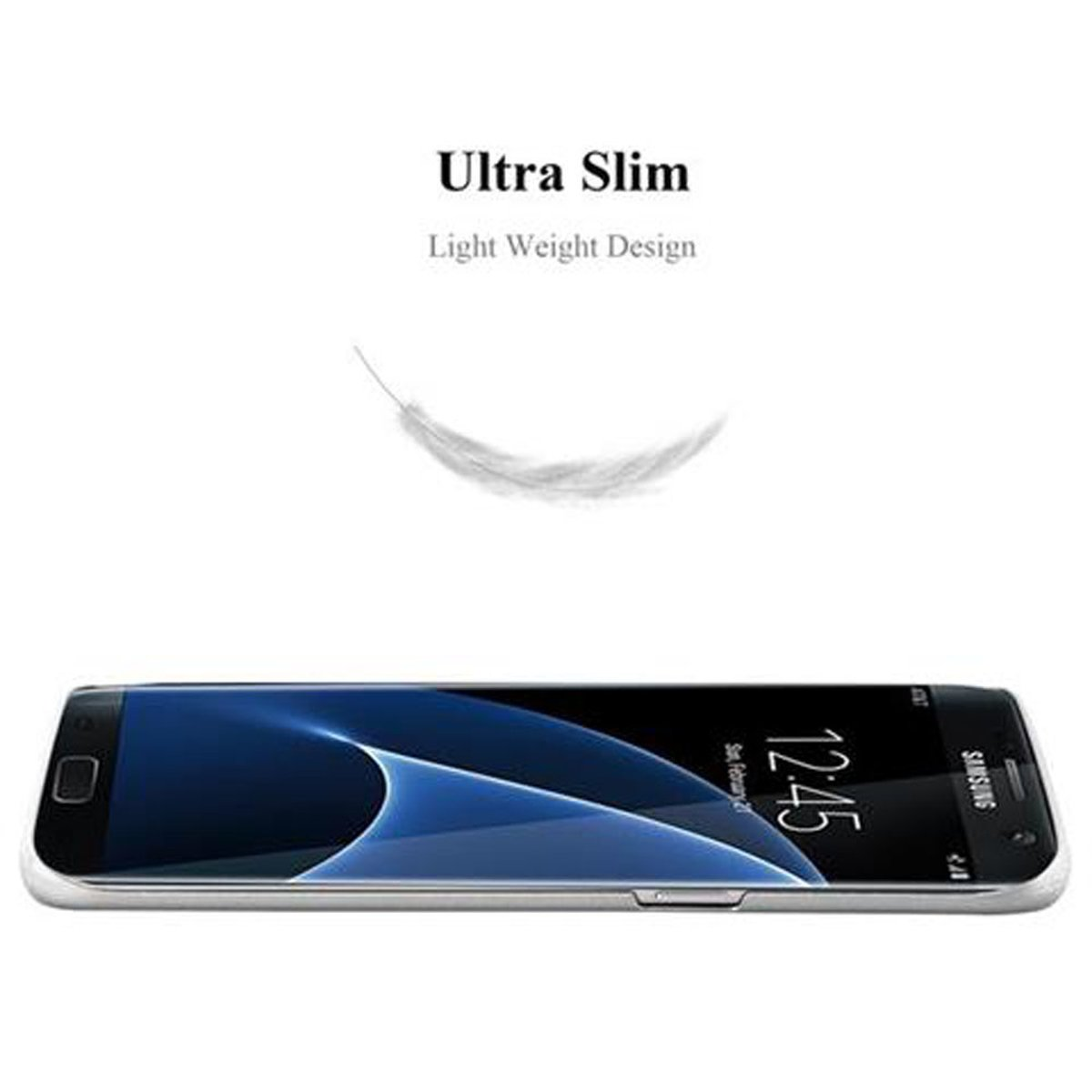 Telefono nero su una superficie bianca. Lo schermo mostra l'ora. Piuma bianca sullo sfondo.