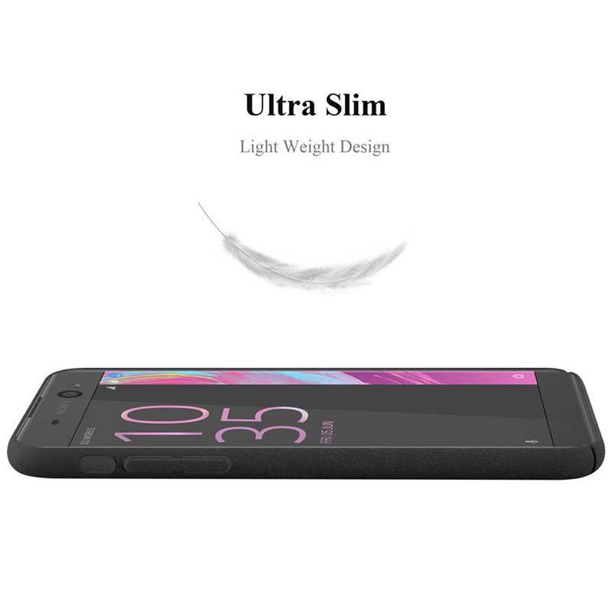 Telefono nero in una custodia. Testo: Ultra Slim, Design leggero. Il telefono mostra l'ora e ha uno sfondo nero.
