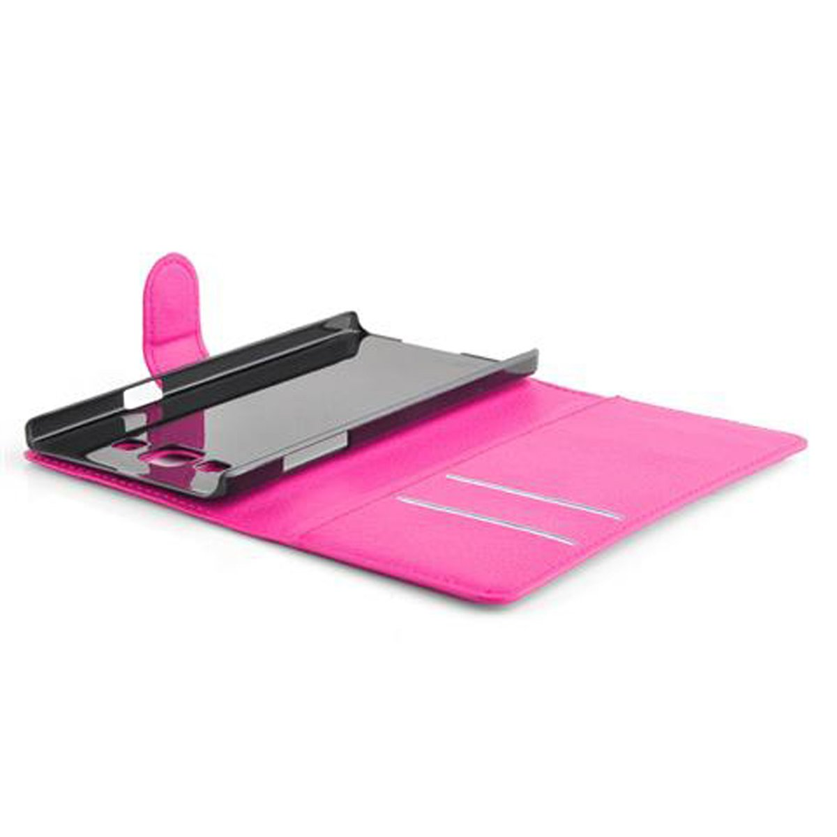 Custodia per telefono rosa, aperta e vuota, con una custodia per telefono all'interno.