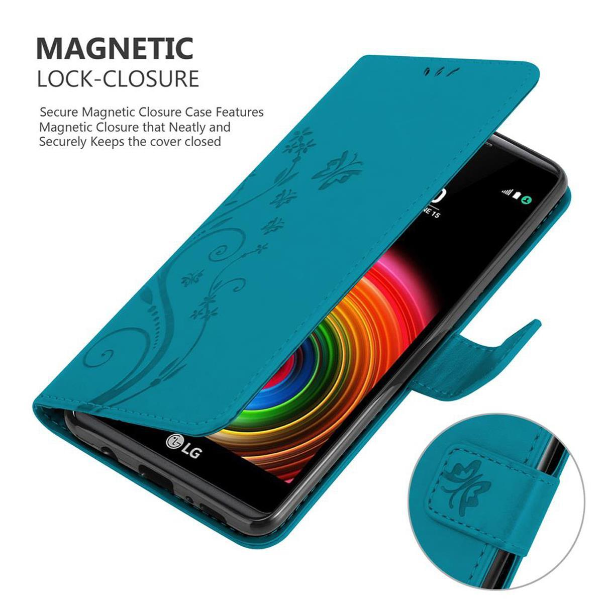Custodia per telefono turchese aperta, rivela telefono con schermo colorato. Design floreale. Chiusura magnetica.