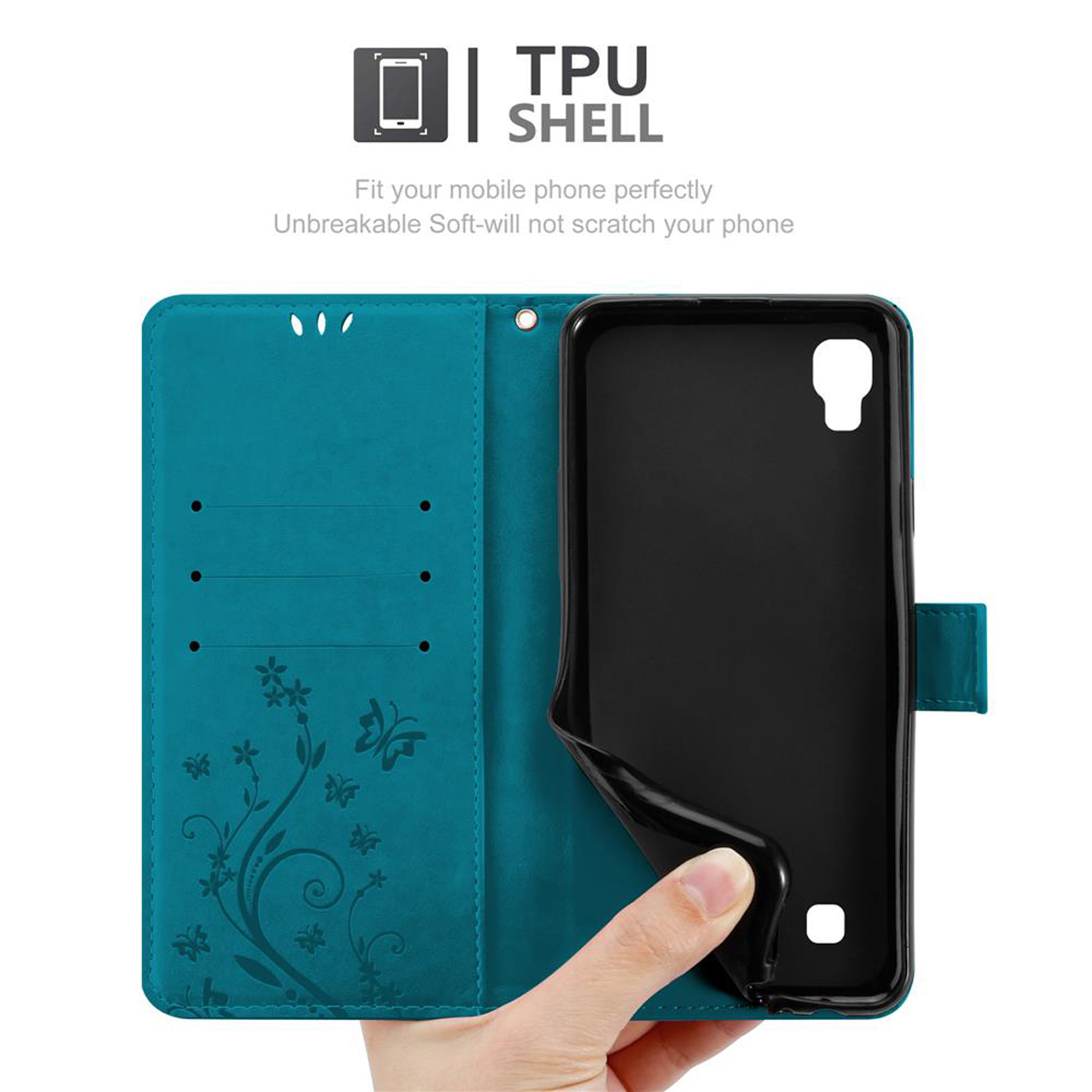 Una custodia per telefono verde acqua aperta, che mostra un telefono nella custodia nera e un design floreale.