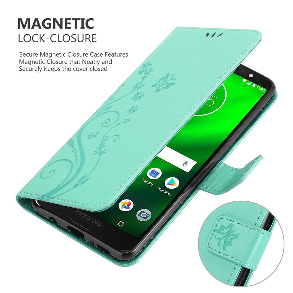 Custodia turchese aperta, che tiene un telefono. La custodia ha un design floreale e una chiusura magnetica.