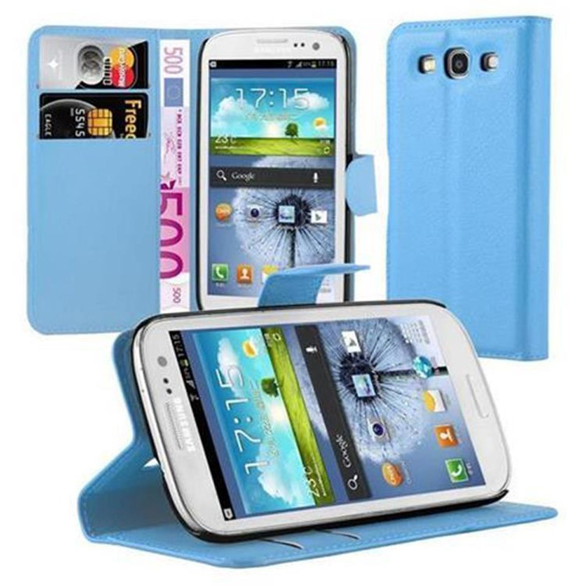 Samsung-Telefon in blauer Hülle, offen und geschlossen. Beide Telefone sind blau.
