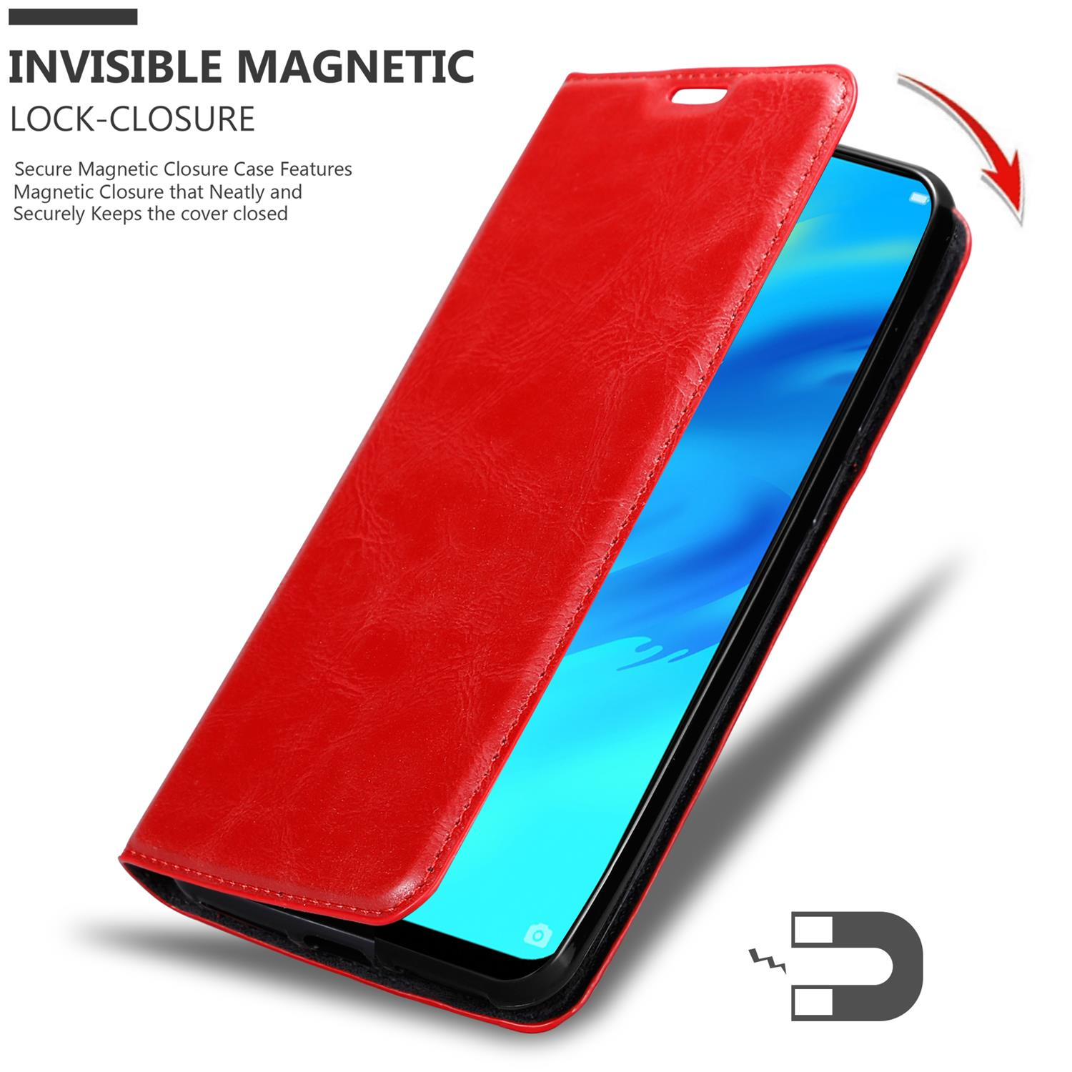 Rote Handyhülle, geöffnet. Text: Unsichtbarer Magnetverschluss. Magnetsymbol. Telefon innen sichtbar.