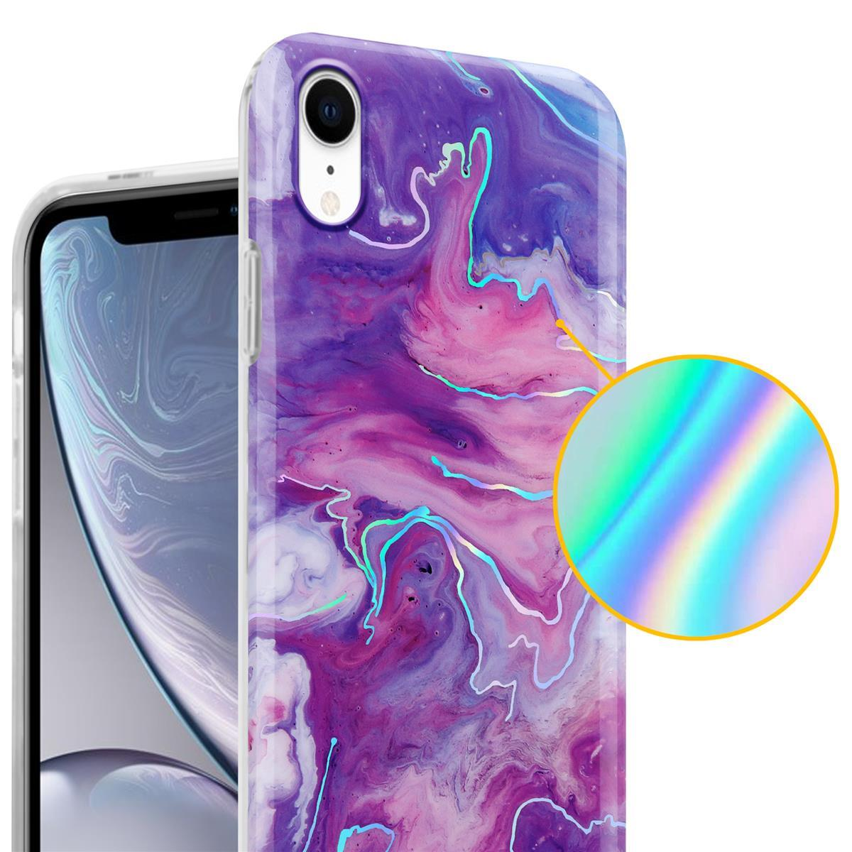Una custodia per telefono con un design marmorizzato colorato. La custodia è su uno sfondo bianco.