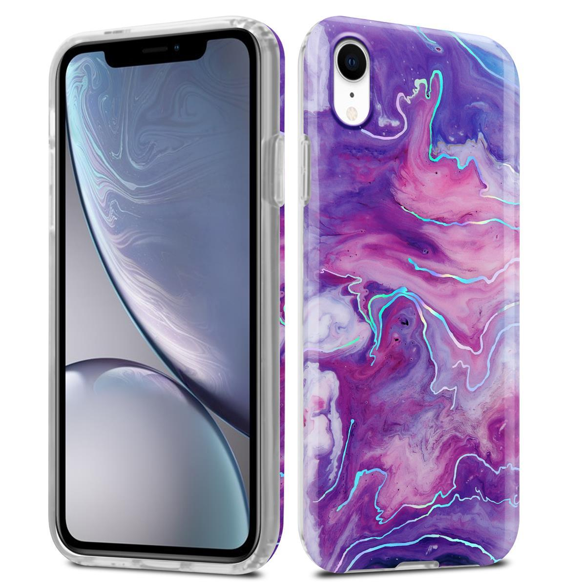 Telefono con custodia in marmo viola. Il telefono è a sinistra, la custodia a destra.