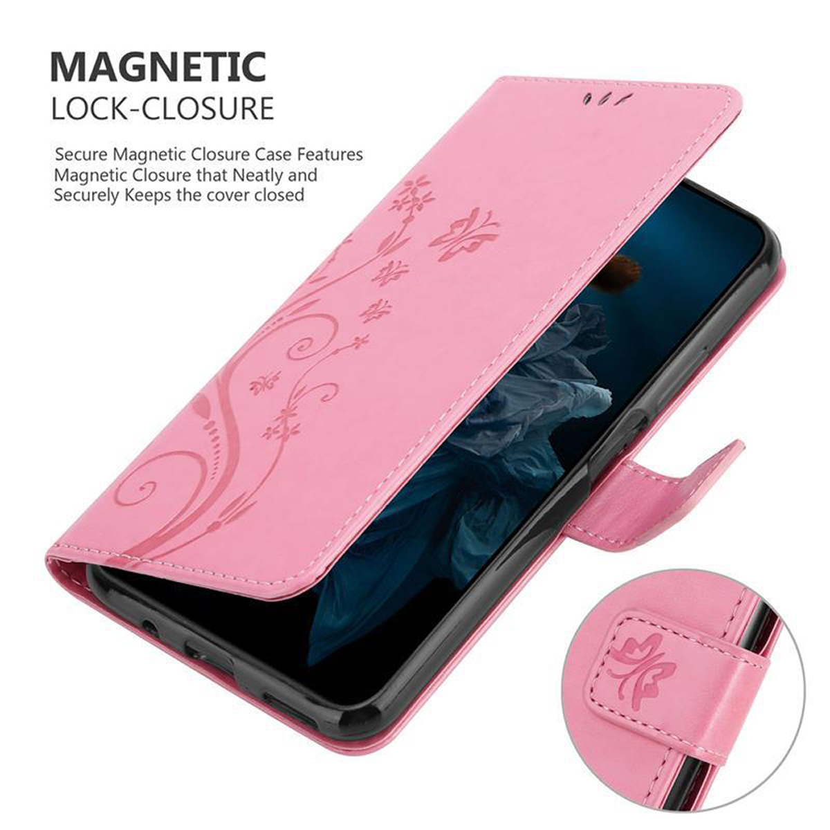 Custodia rosa con design floreale. Telefono visibile, con chiusura magnetica.