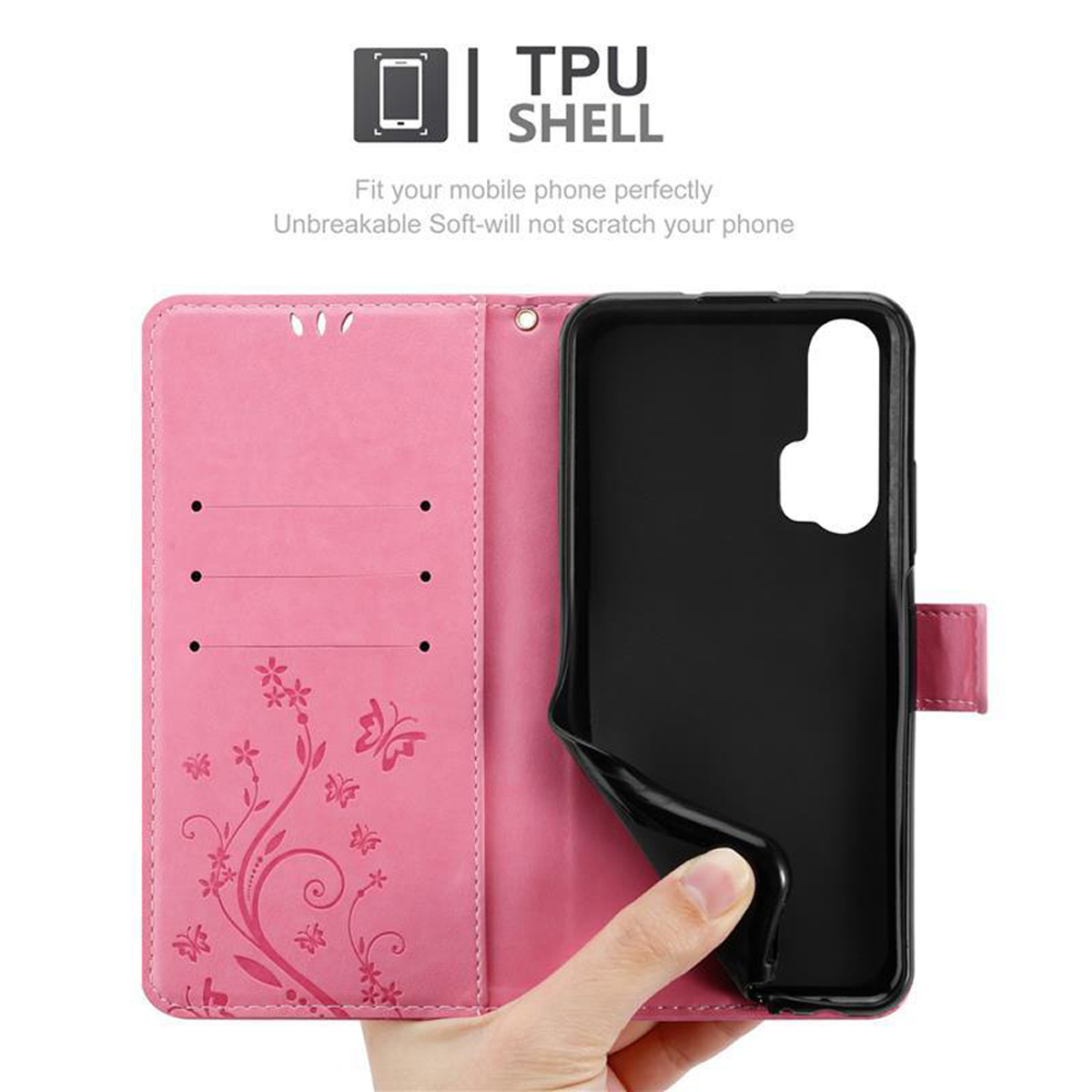 Custodia per telefono rosa. La custodia è aperta, mostrando il retro del telefono. Il testo indica un guscio in TPU.