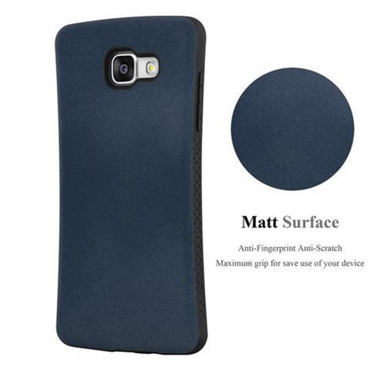 Funda de teléfono azul oscuro con cámara. Un círculo azul oscuro a la derecha.