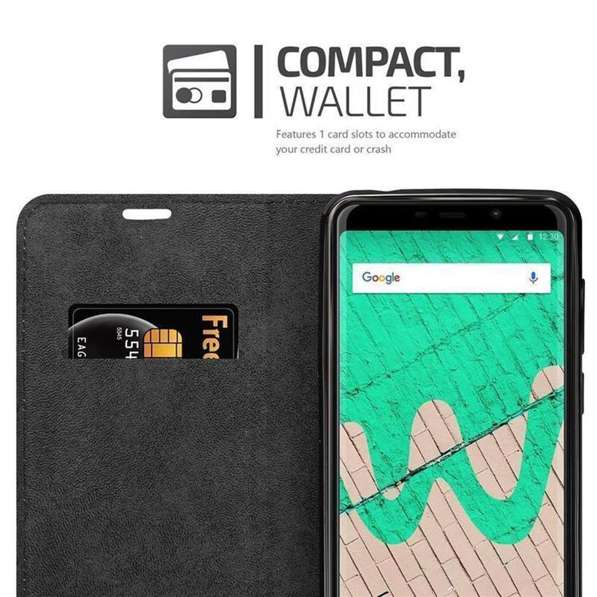 Custodia per telefono nera aperta, con telefono e carta. Testo: Portafoglio compatto, con 1 slot per carte.