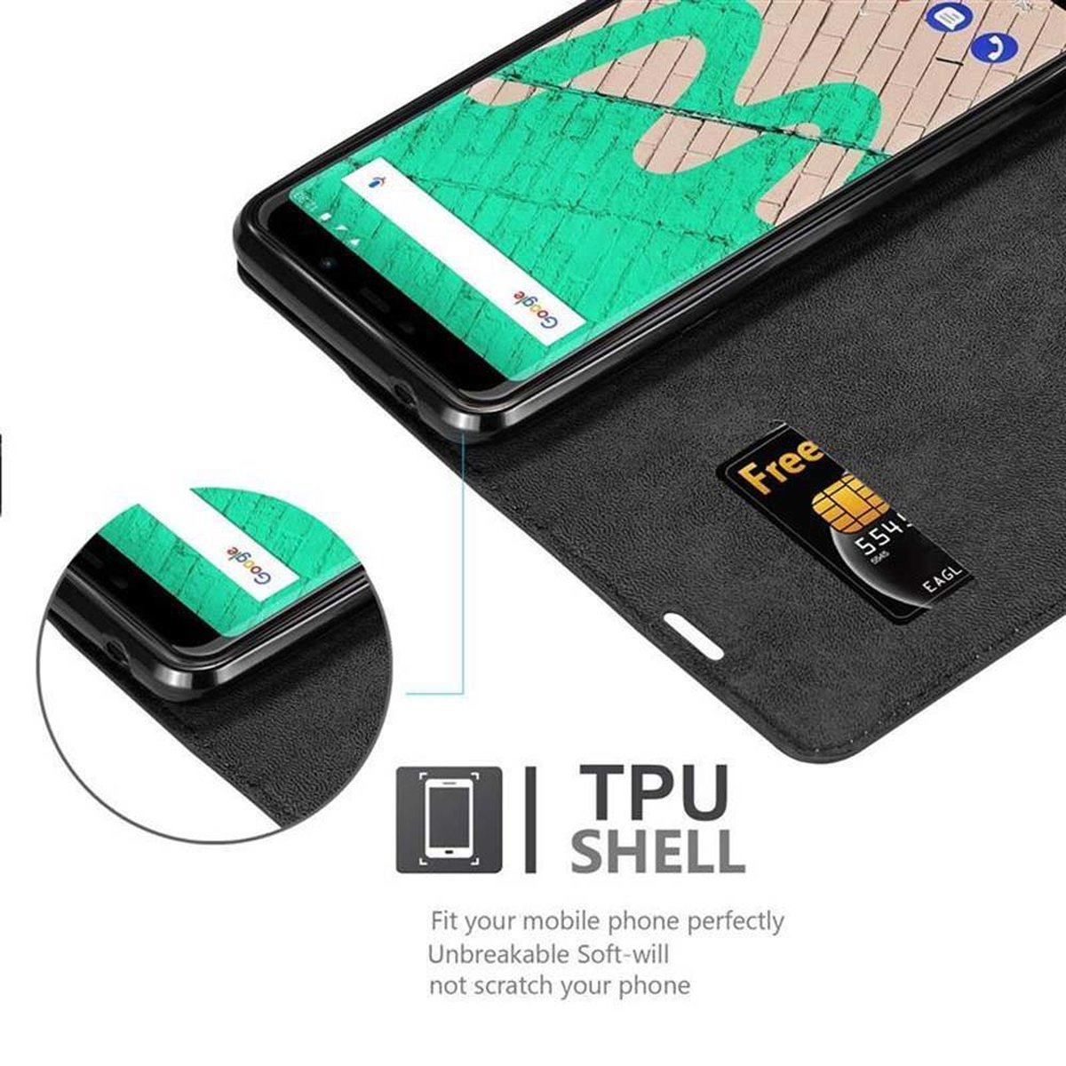 Custodia per telefono nera, aperta per mostrare il telefono e una carta di credito. Ricerca Google aperta sul telefono.