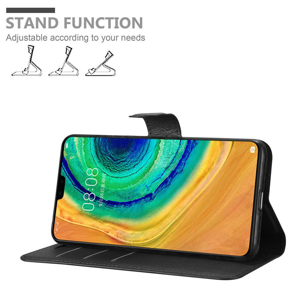 Schwarze Handyhülle mit einem Telefon, das die Uhrzeit anzeigt. Standfunktion Text und Illustrationen.
