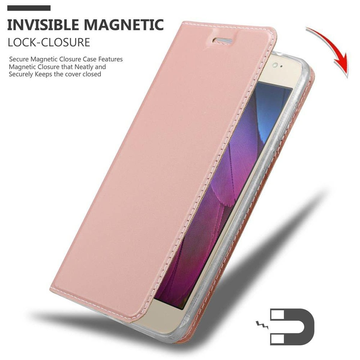 Custodia rosa per telefono aperta con un telefono all'interno. Viene mostrato il testo della chiusura magnetica invisibile.