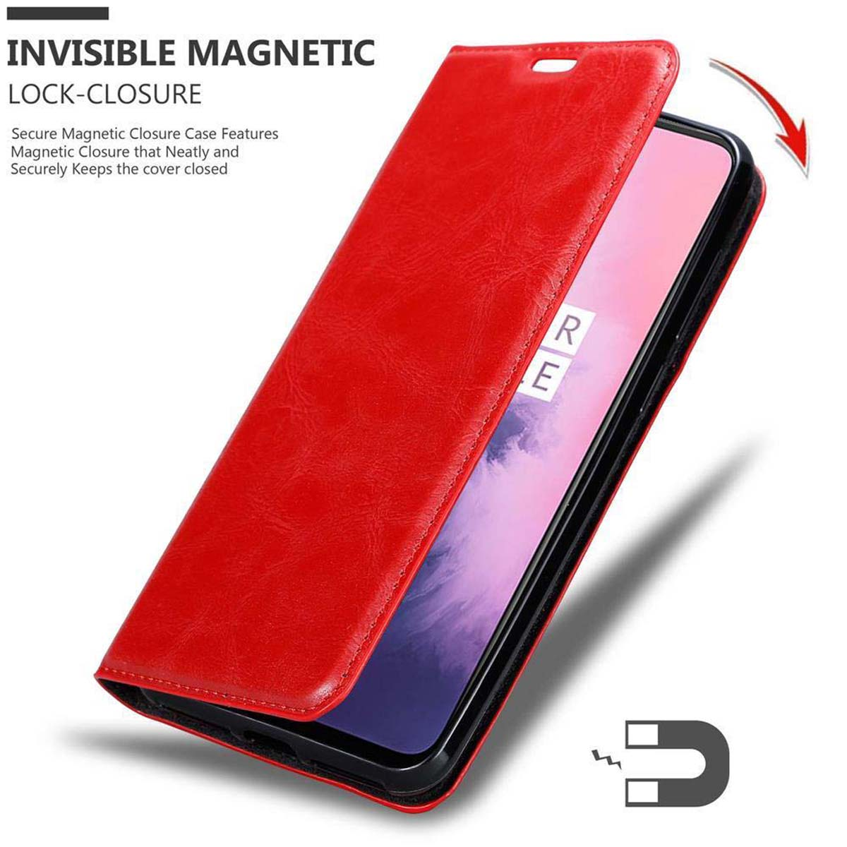 CADORABO Book OnePlus, Bookcover, APFEL ROT Magnet, Hülle Invisible 6T