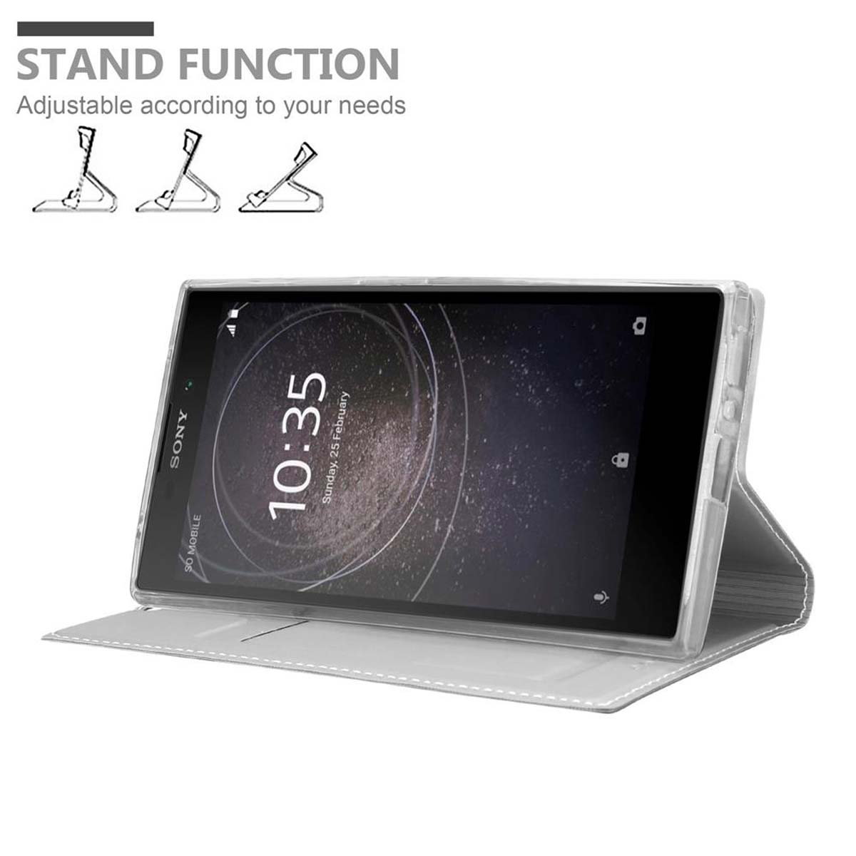 Telefon in einer weißen Hülle, die die Uhrzeit anzeigt. Standfunktion wird gezeigt. Der Bildschirm zeigt die Uhrzeit.