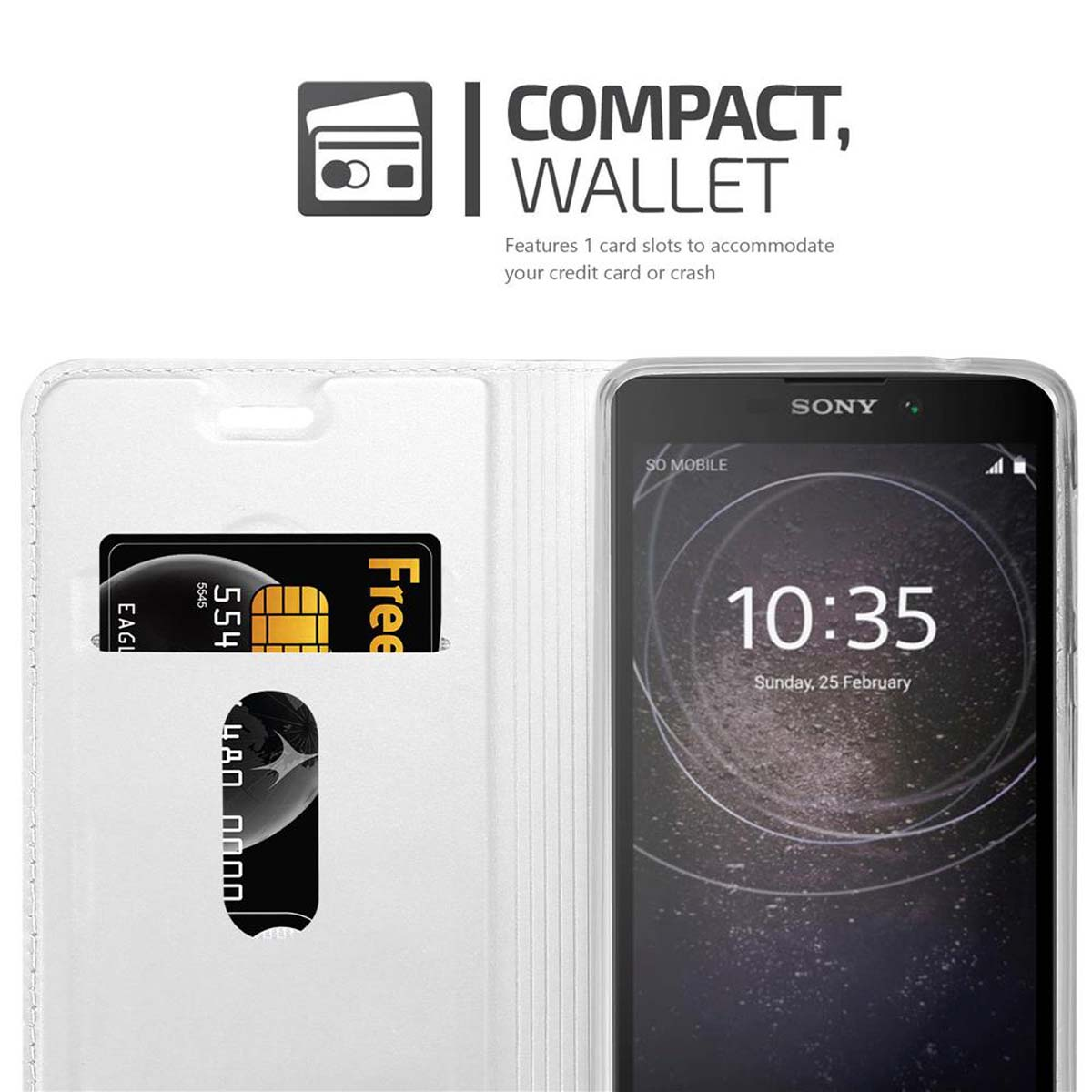 Weiße Handyhülle offen, zeigt ein Telefon und eine Karte mit freiem Text. Sony-Telefon.