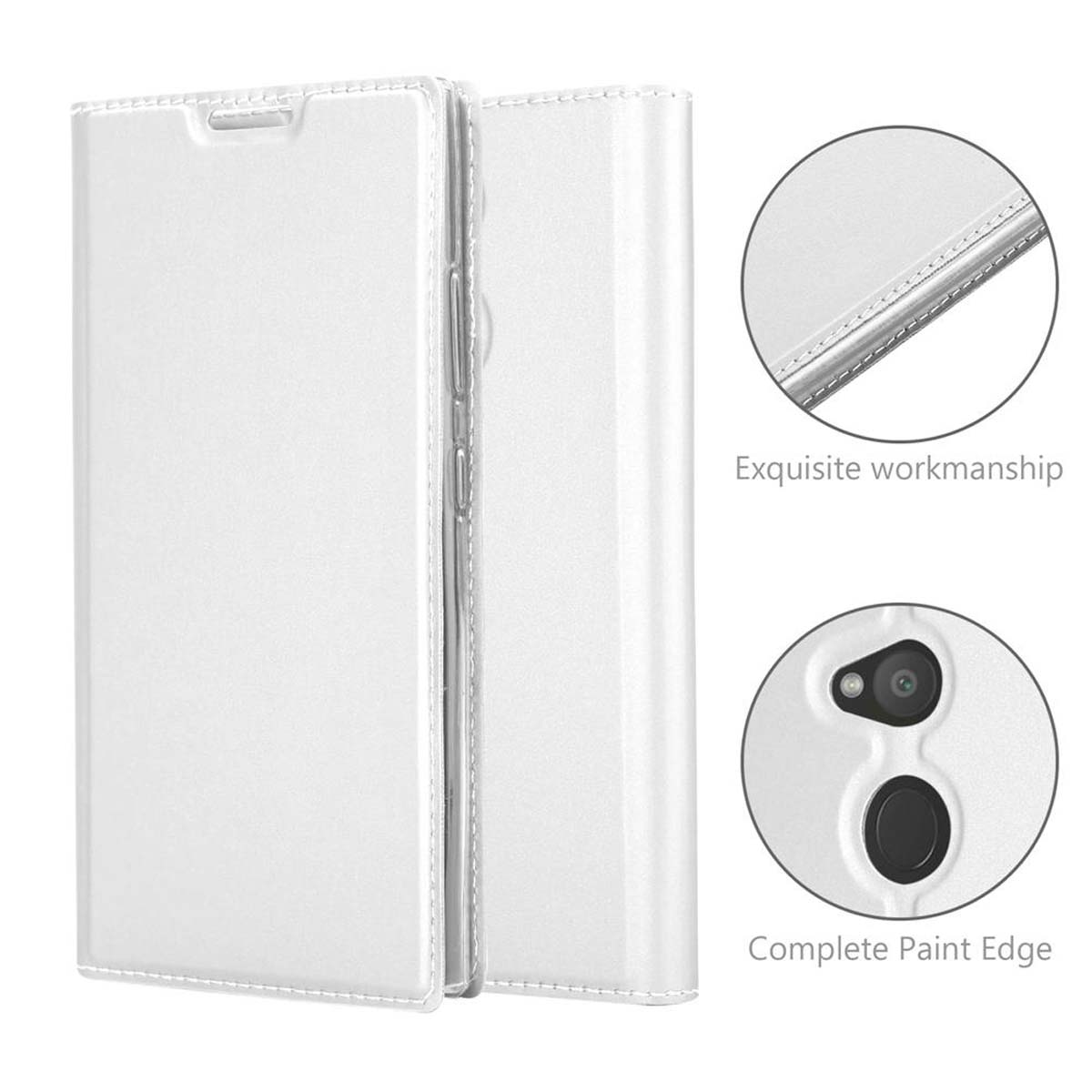 Zwei weiße Handyhüllen, eine offen. Kreisdetails mit 'Exquisite Verarbeitung' und 'Kompletter Farbrand'.
