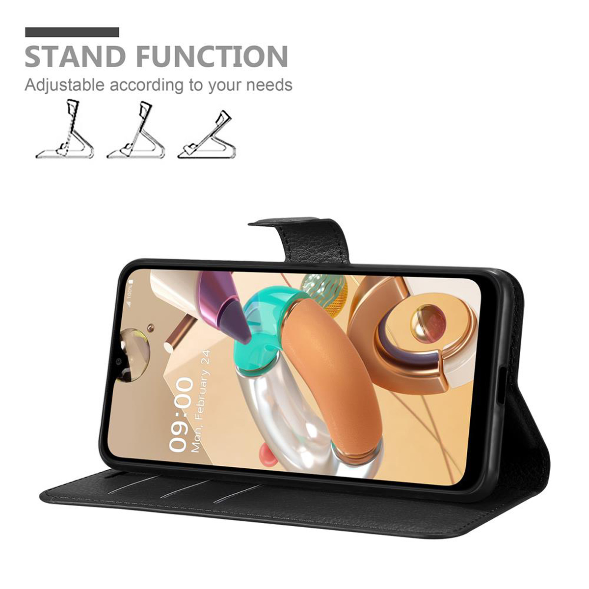 Telefono nero in una custodia, aperto per mostrare lo schermo. Testo: FUNZIONE STAND, con diagrammi.