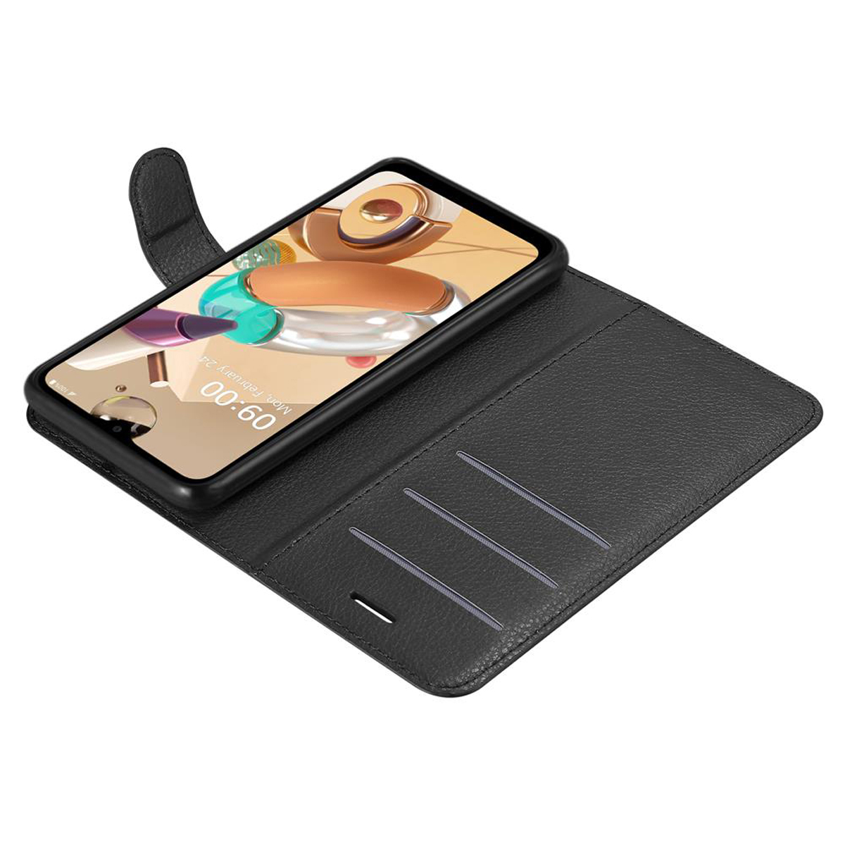 Custodia a portafoglio nera, con telefono e scomparti per carte. Il telefono mostra un orologio e uno sfondo colorato.
