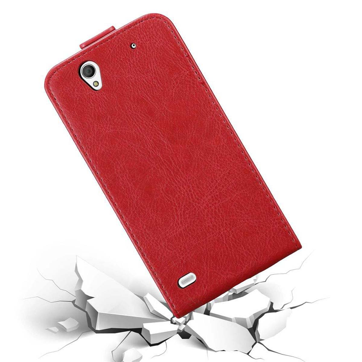 Custodia per telefono rossa, angolata. Le crepe appaiono sotto. Ha una superficie strutturata e un bordo cucito.