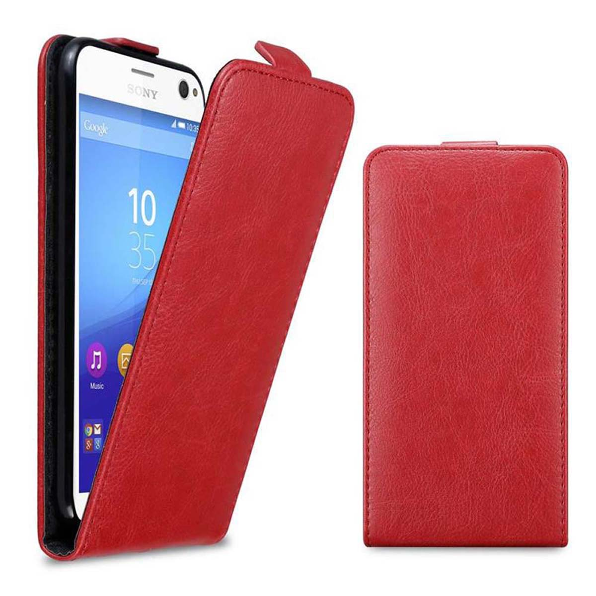 Custodia rossa con telefono, aperta. Il telefono mostra l'ora. Il lato destro mostra un'altra custodia rossa.