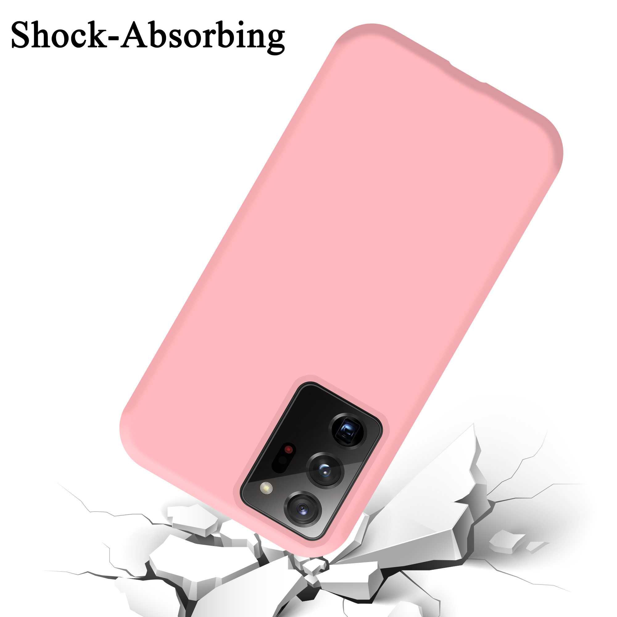Eine rosa Handyhülle auf einer weißen Oberfläche, mit einem eingebetteten Telefon. Die Hülle fällt zu Boden.