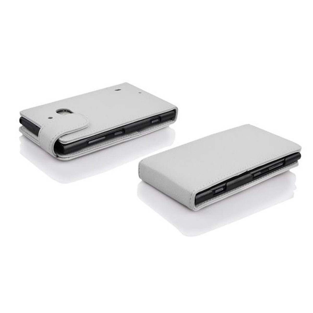 Dos fundas de teléfono gris claro, una cerrada y otra abierta. Texto: cerrado con botón y abierto.