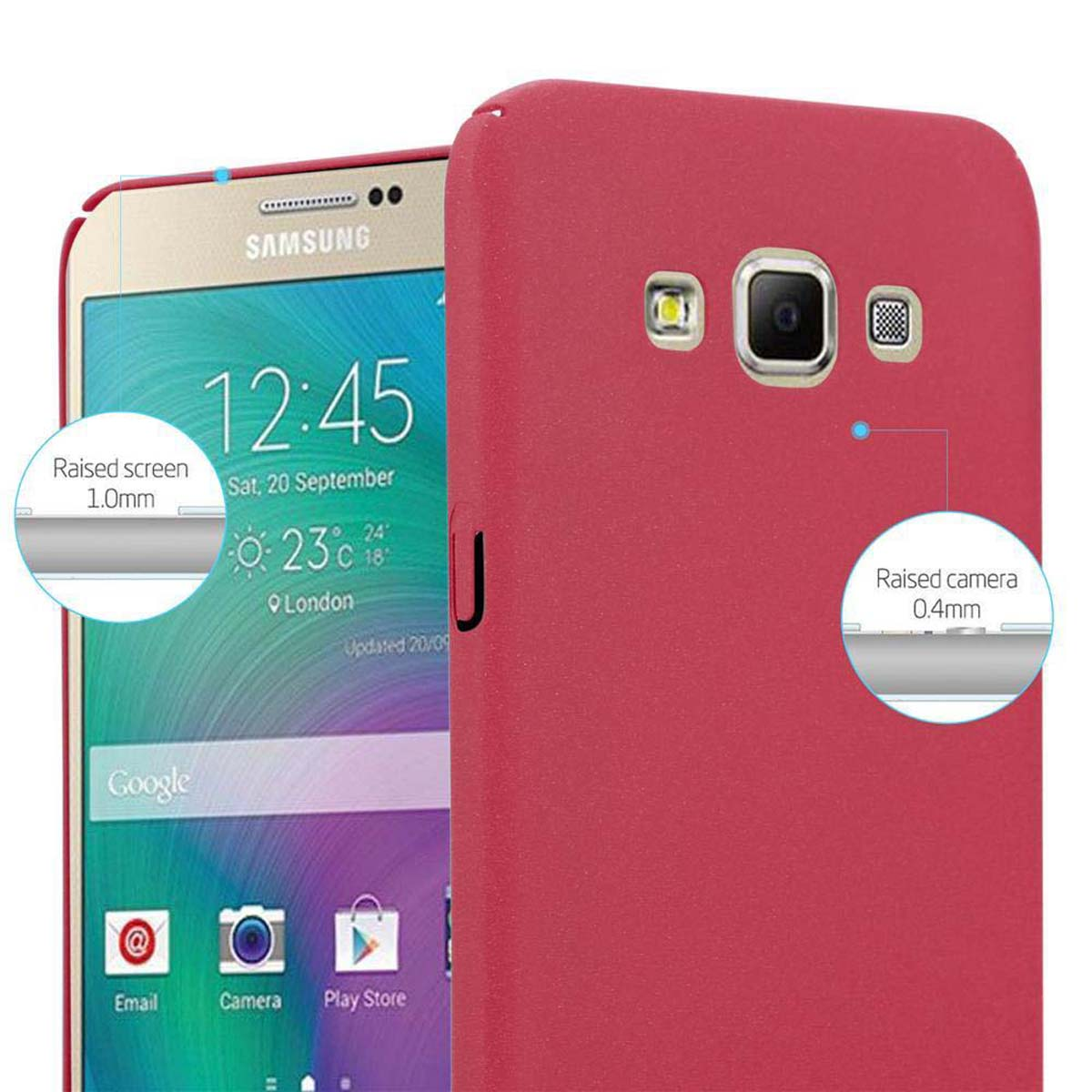 Eine rote Handyhülle um ein Telefon. Das Telefon zeigt die Uhrzeit an.