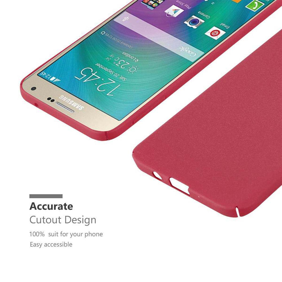 Rotes Telefon mit roter Hülle. Die Hülle liegt daneben, Ausschnitte zeigend. Bildschirm an.