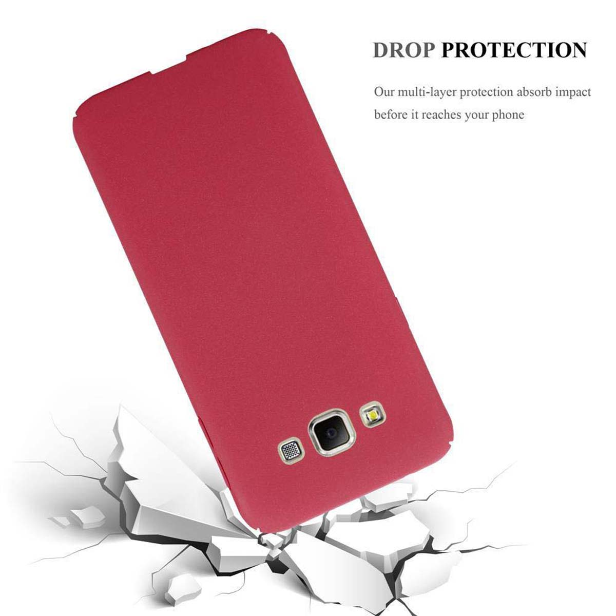 Rote Handyhülle mit Telefon darin und weißem Hintergrund mit Rissen am Boden. Text: Drop Protection.