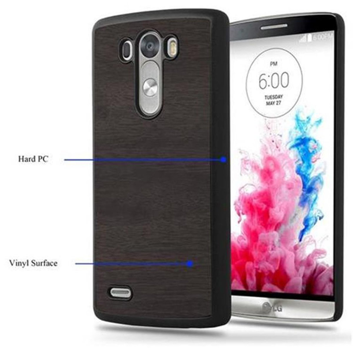 Teléfono en funda, funda con veta de madera. Texto: PC duro, Superficie de vinilo.